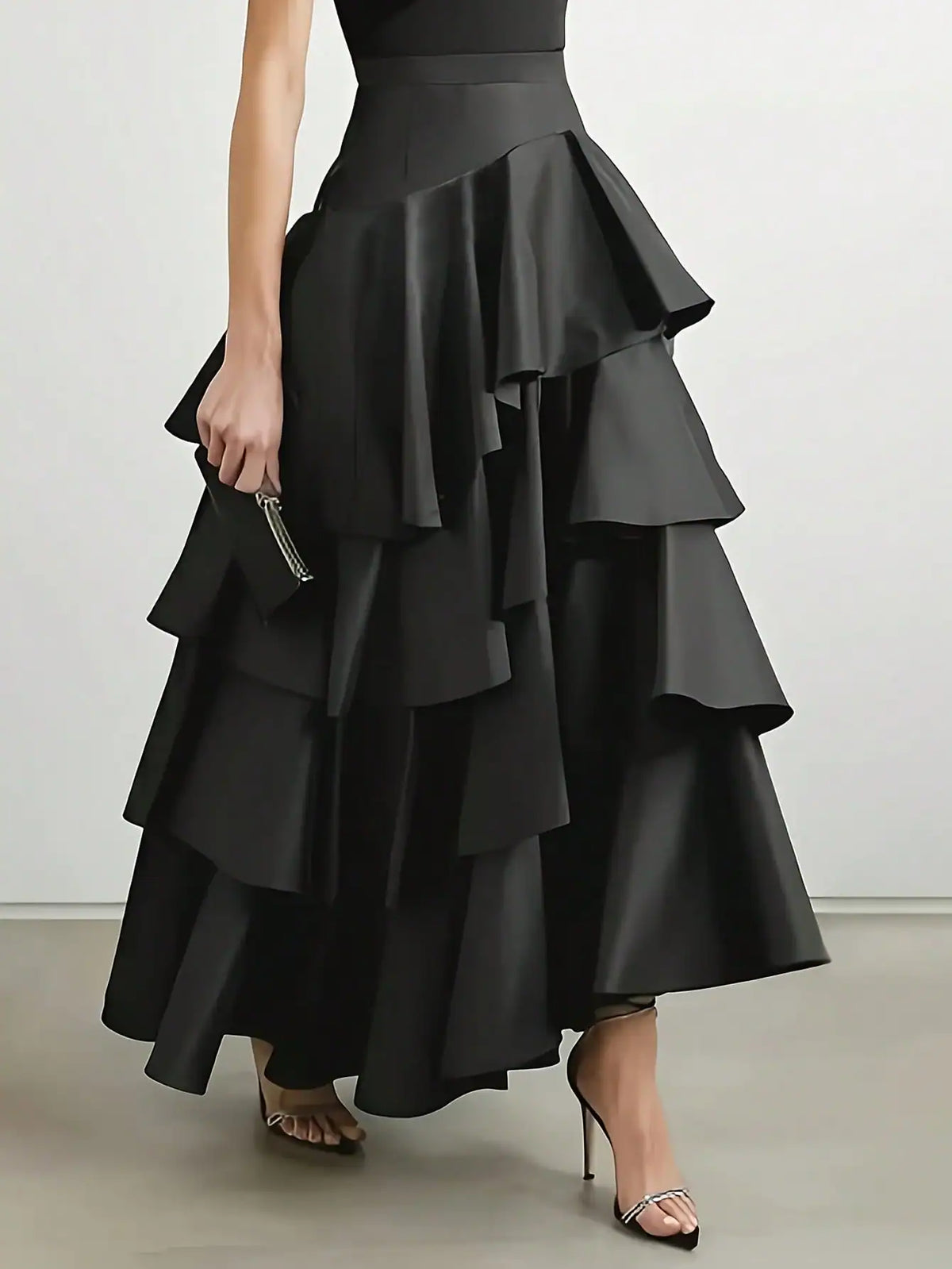 SHEIN Vuslat Women's Black Asymmetrical Hem Layered Ruffle High Waist Flare Maxi Dress