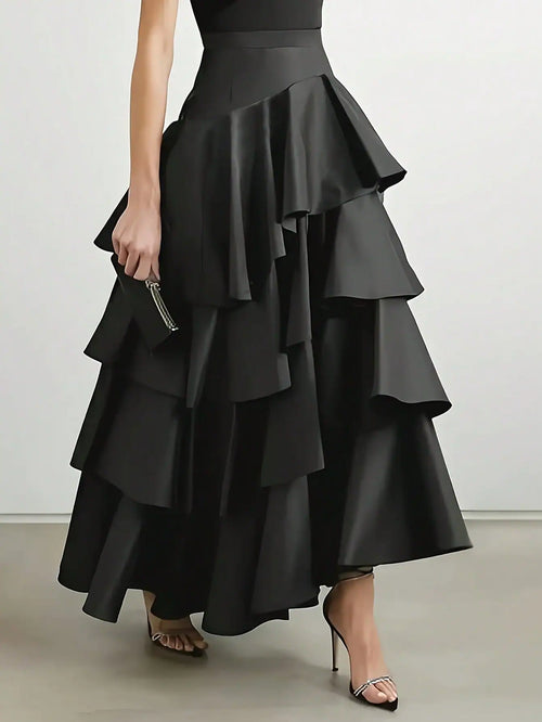SHEIN Vuslat Women's Black Asymmetrical Hem Layered Ruffle High Waist Flare Maxi Dress