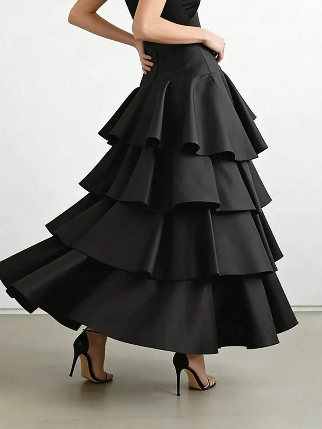SHEIN Vuslat Women's Black Asymmetrical Hem Layered Ruffle High Waist Flare Maxi Dress