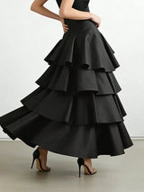 SHEIN Vuslat Women's Black Asymmetrical Hem Layered Ruffle High Waist Flare Maxi Dress