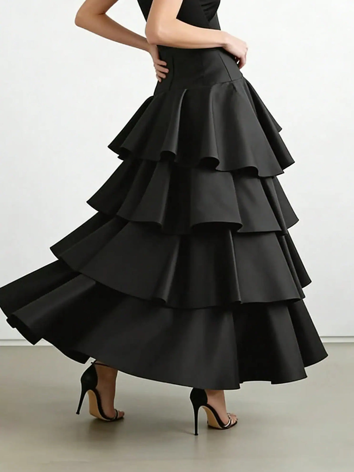 SHEIN Vuslat Women's Black Asymmetrical Hem Layered Ruffle High Waist Flare Maxi Dress