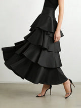 SHEIN Vuslat Women's Black Asymmetrical Hem Layered Ruffle High Waist Flare Maxi Dress