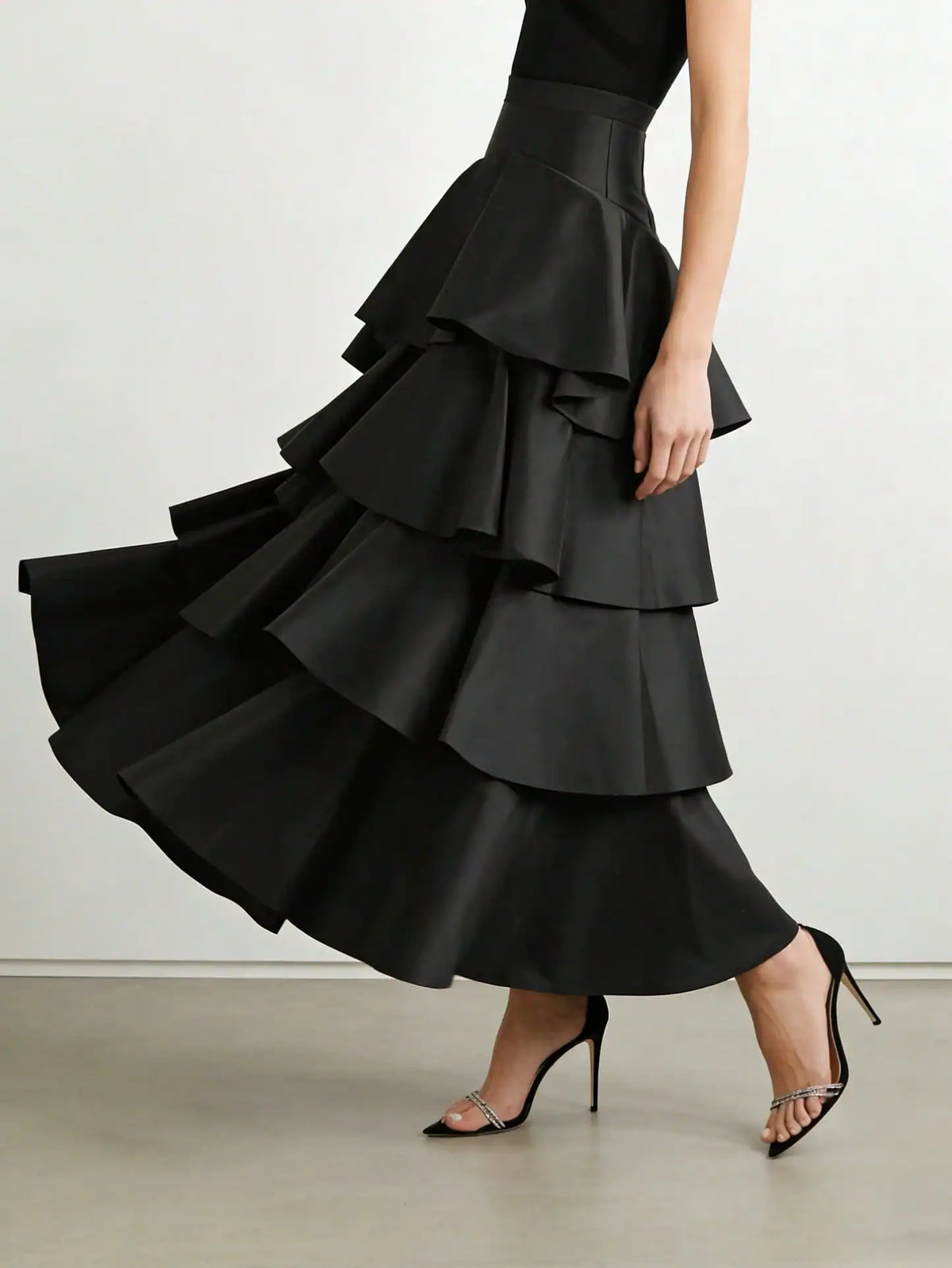 SHEIN Vuslat Women's Black Asymmetrical Hem Layered Ruffle High Waist Flare Maxi Dress