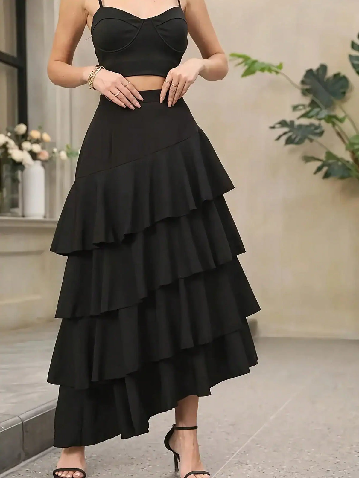 SHEIN Vuslat Women's Black Asymmetrical Hem Layered Ruffle High Waist Flare Maxi Dress
