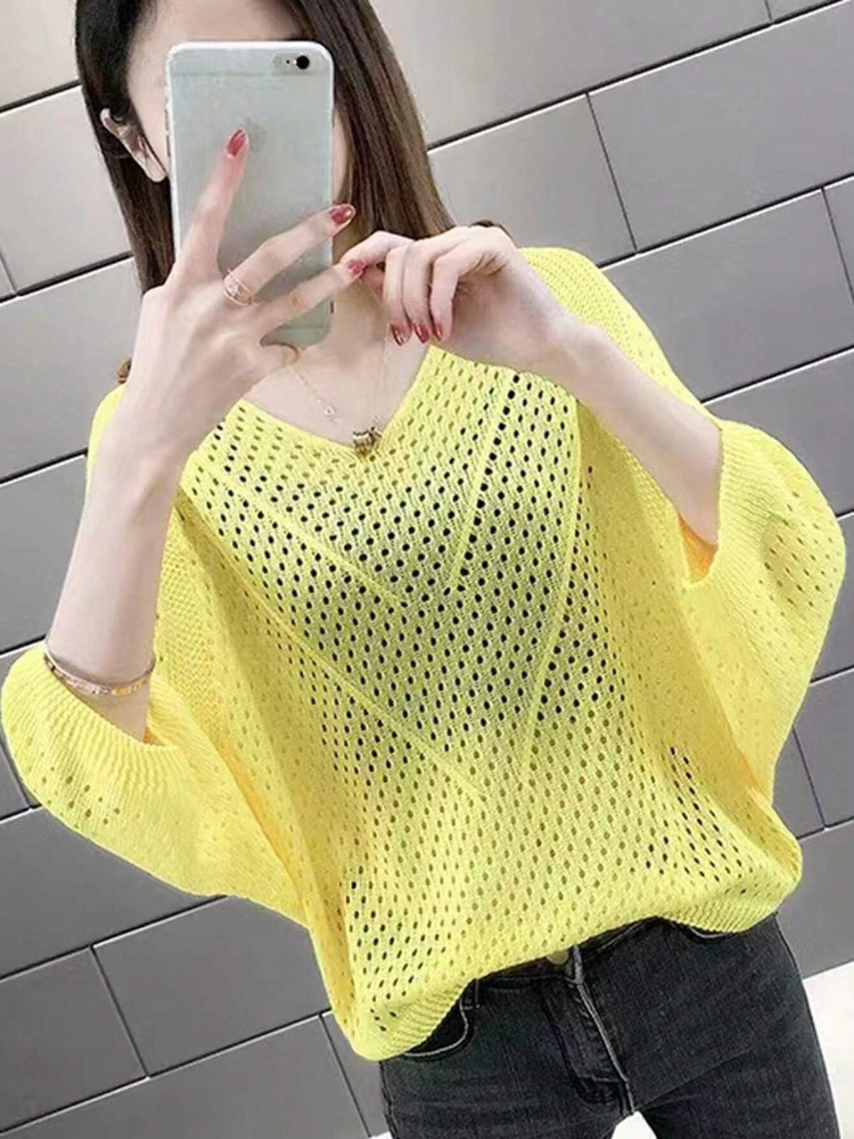 SHEIN Loose V-Neck Hollow Knit Shrug Cover Up