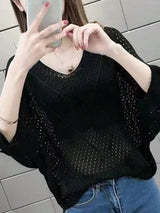 SHEIN Loose V-Neck Hollow Knit Shrug Cover Up