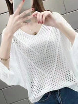 SHEIN Loose V-Neck Hollow Knit Shrug Cover Up