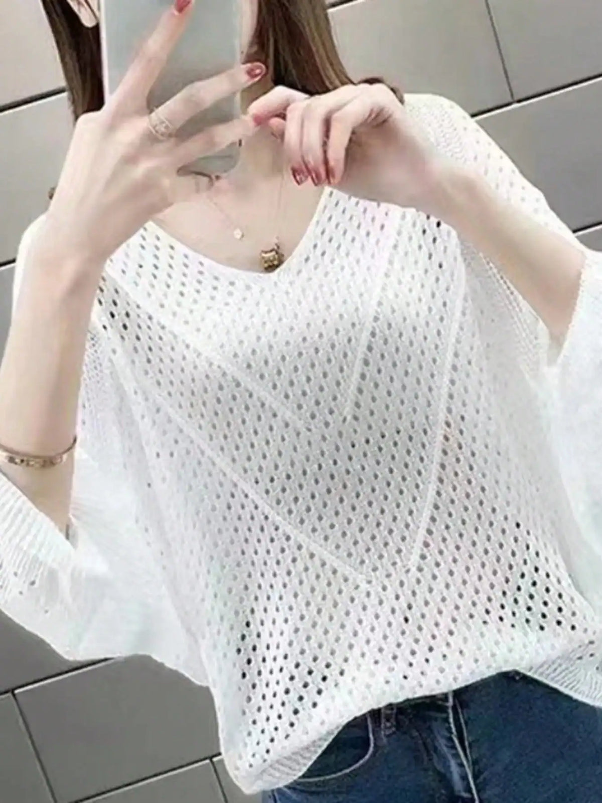 SHEIN Loose V-Neck Hollow Knit Shrug Cover Up