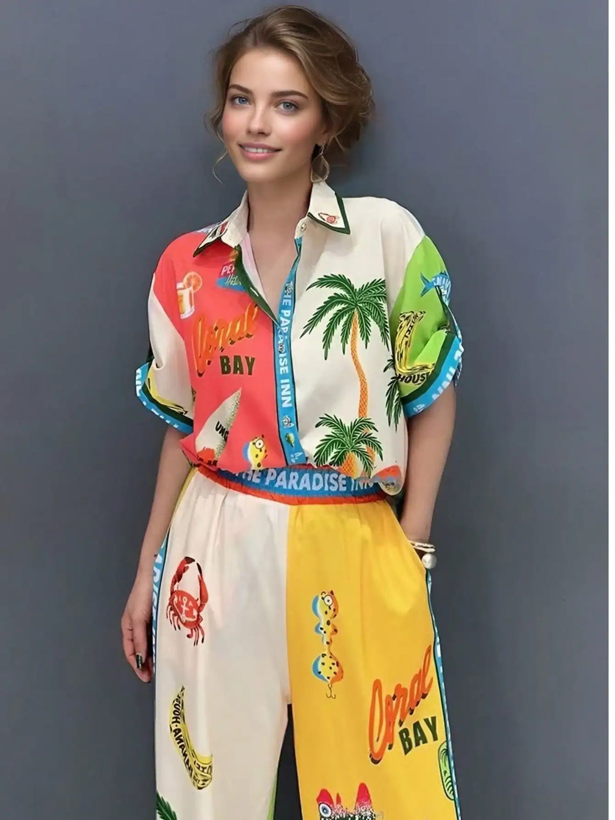 SHEIN Women's Boho Print Top And Pants Two Pieces Set, Casual Beach Style