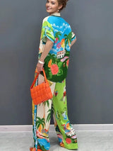 SHEIN Women's Boho Print Top And Pants Two Pieces Set, Casual Beach Style