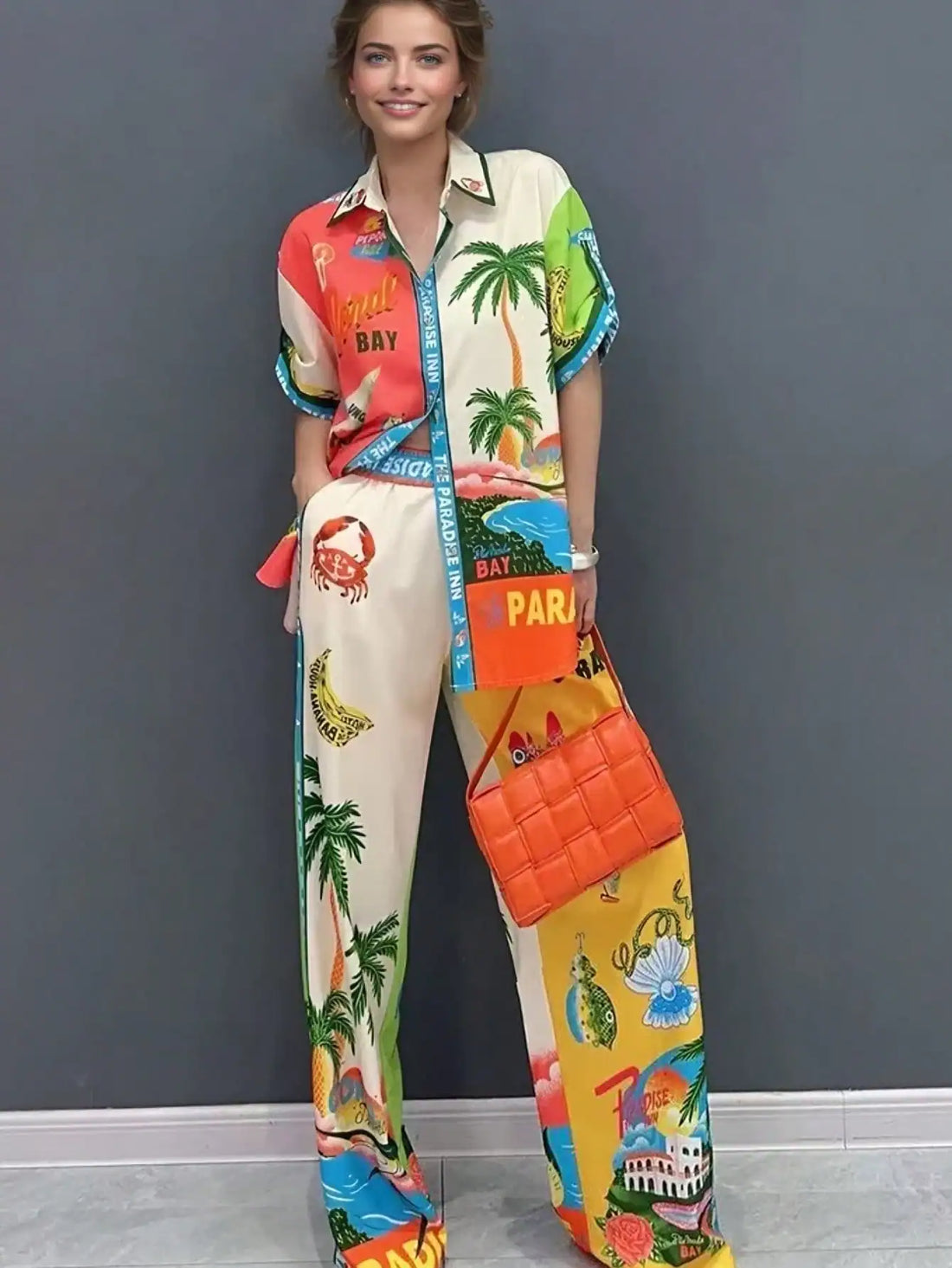 SHEIN Women's Boho Print Top And Pants Two Pieces Set, Casual Beach Style