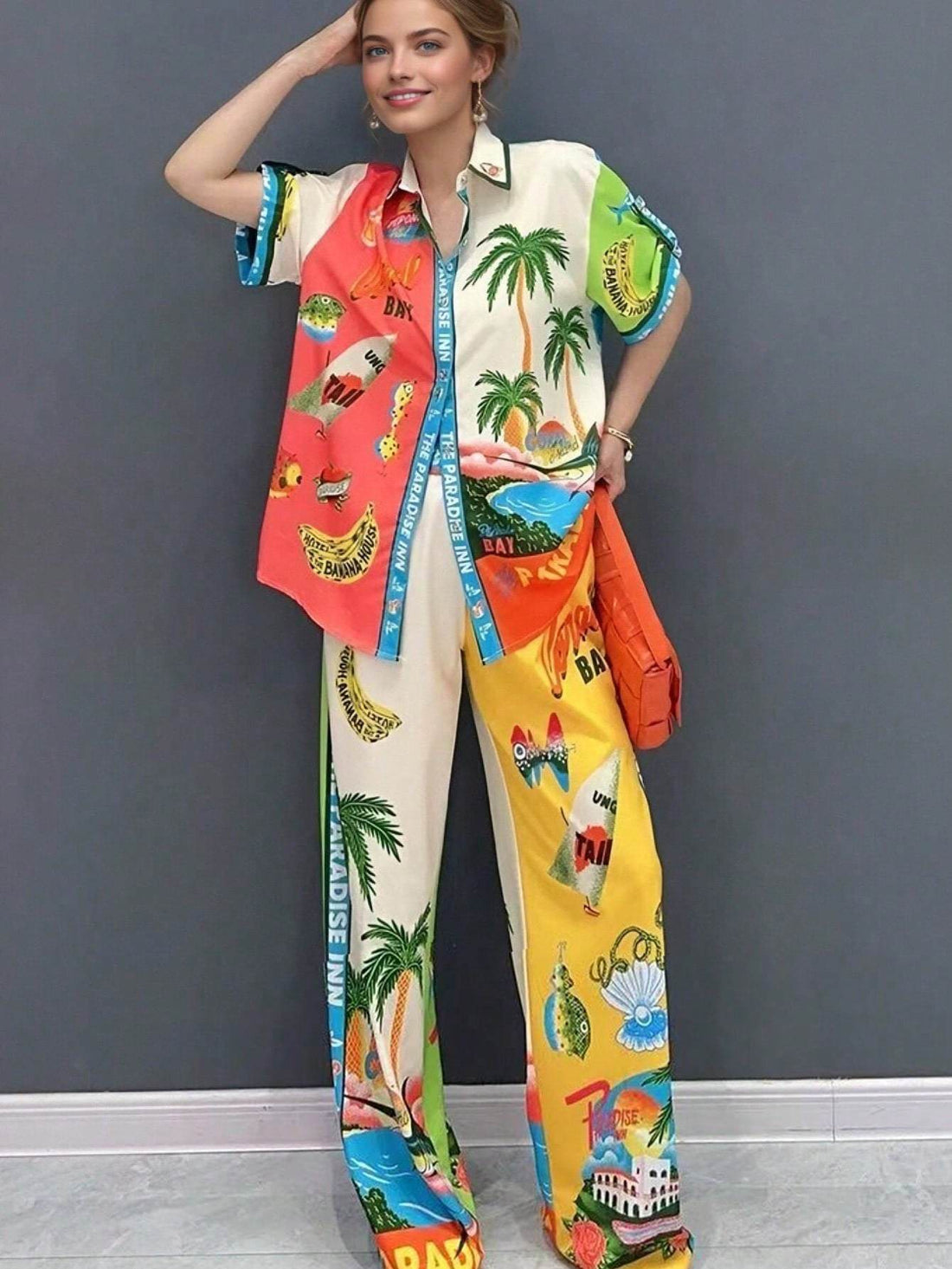 SHEIN Women's Boho Print Top And Pants Two Pieces Set, Casual Beach Style