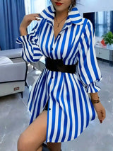 SHEIN Women's Casual Commuter Striped Mid-Length Shirt, Lapel Flared Sleeves, Button Front Ruffle Detail