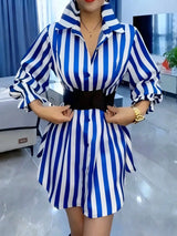 SHEIN Women's Casual Commuter Striped Mid-Length Shirt, Lapel Flared Sleeves, Button Front Ruffle Detail