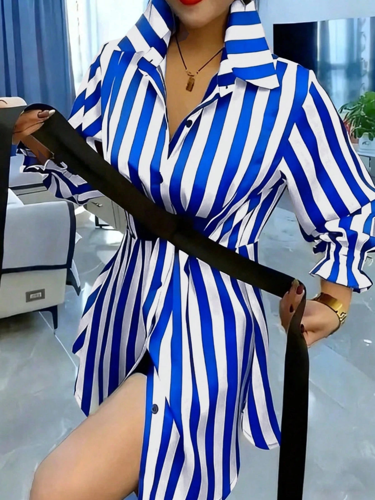 SHEIN Women's Casual Commuter Striped Mid-Length Shirt, Lapel Flared Sleeves, Button Front Ruffle Detail