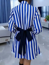 SHEIN Women's Casual Commuter Striped Mid-Length Shirt, Lapel Flared Sleeves, Button Front Ruffle Detail