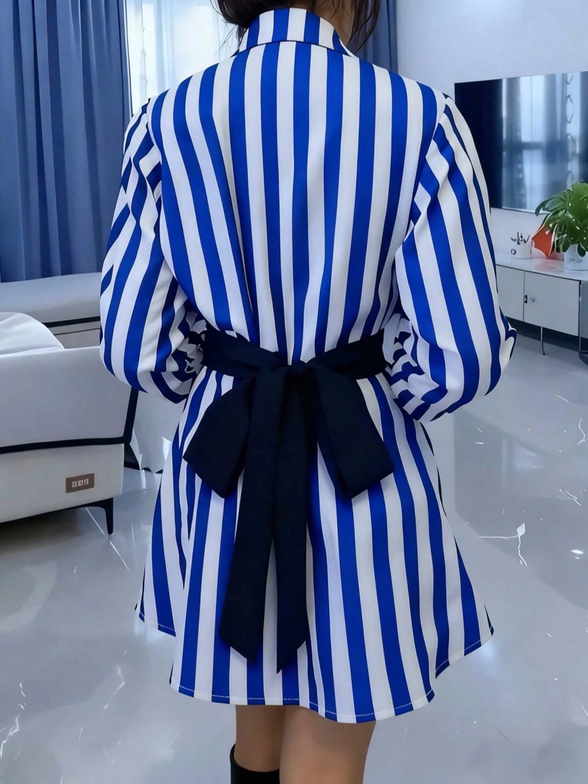 SHEIN Women's Casual Commuter Striped Mid-Length Shirt, Lapel Flared Sleeves, Button Front Ruffle Detail
