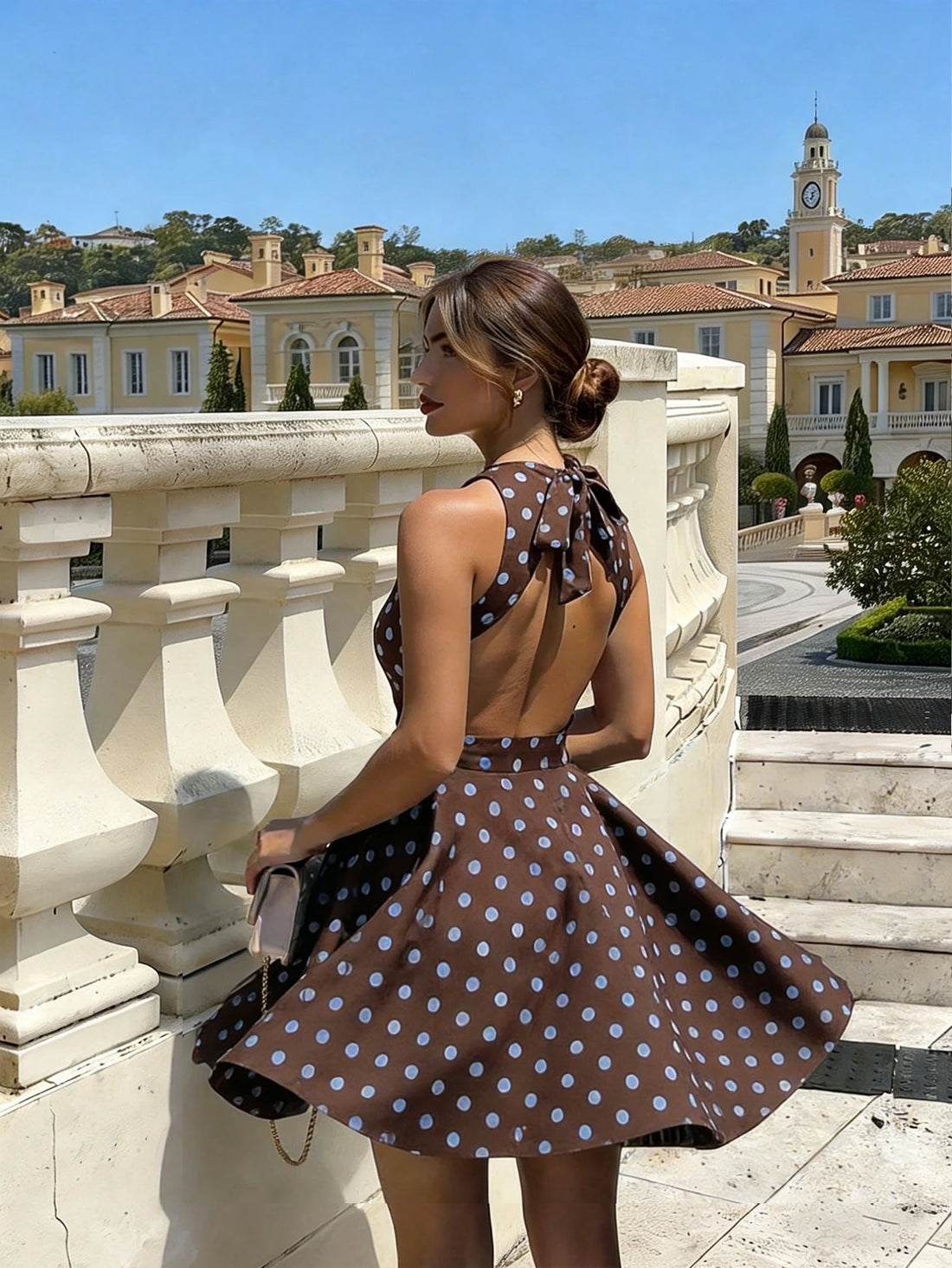 SHEIN Brown Polka Dot Halter Backless A-Line Mini Dress