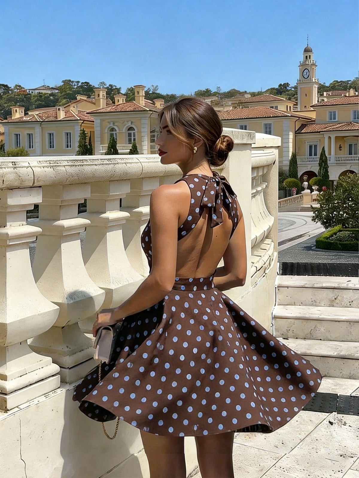 SHEIN Brown Polka Dot Halter Backless A-Line Mini Dress