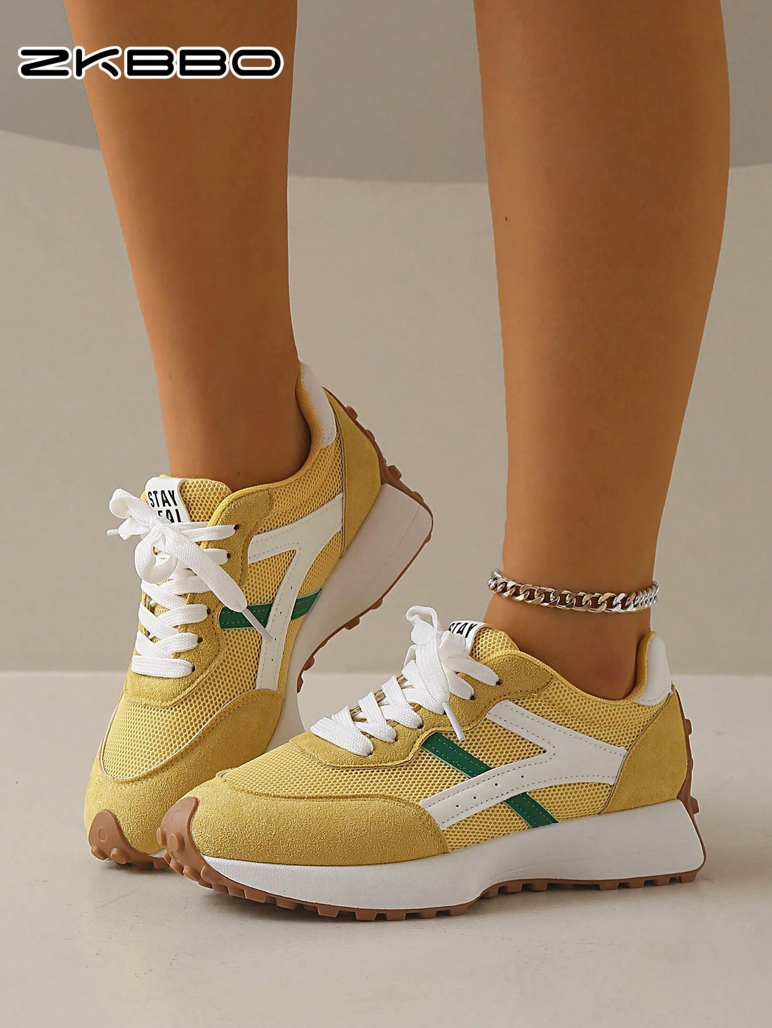 SHEIN ZKBBO Yellow Retro Lace-Up Flat Lightweight Sneakers