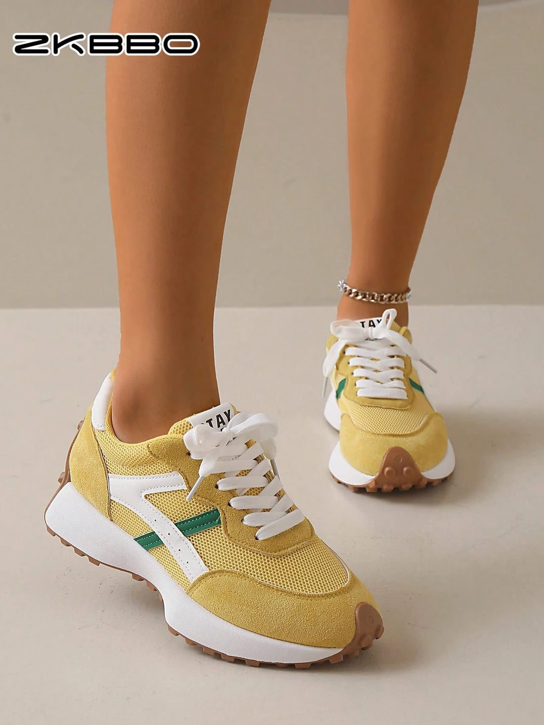 SHEIN ZKBBO Yellow Retro Lace-Up Flat Lightweight Sneakers