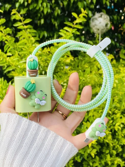 SHEIN 5pcs Frog Decor Data Cable Protector & Charging Head Cover Set