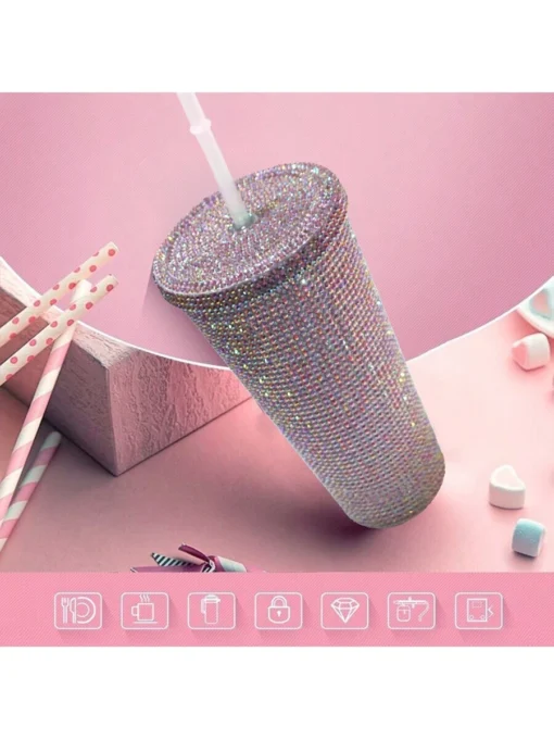 SHEIN 1pc Creative Double Layer Plastic Iced Beverage Cup With Rhinestone Decor