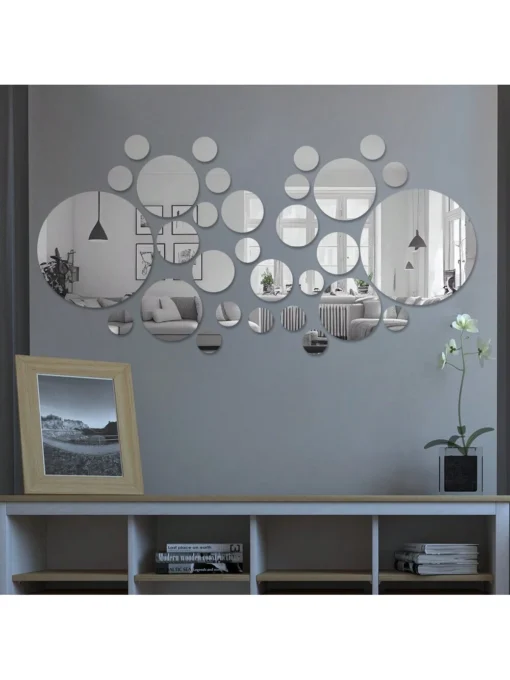 SHEIN 30pcs Silver Round Acrylic Geometric Mirror Wall Stickers