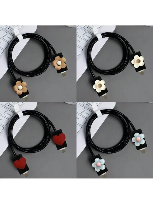 SHEIN 4pcs/Set Flower & Heart Shaped Apple Data Cable Protector