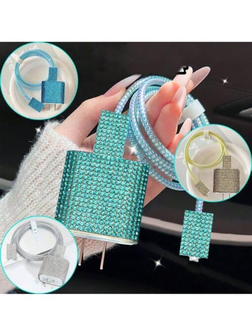 SHEIN 5pcs/Set Rhinestone Stickered Square Shell Type Data Cable Protector