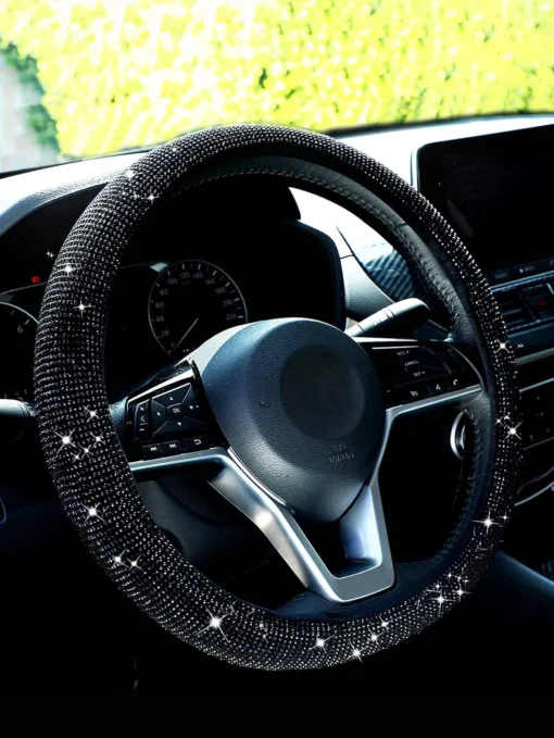 SHEIN 1pc Rhinestone Decor Car Steering Wheel Cover (black)