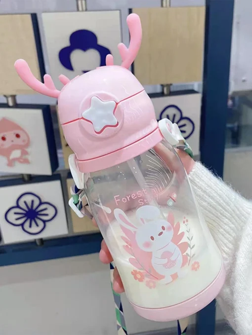 SHEIN 1pc 600ml Antler Water Bottle, Children Bounce Straw Drinkware