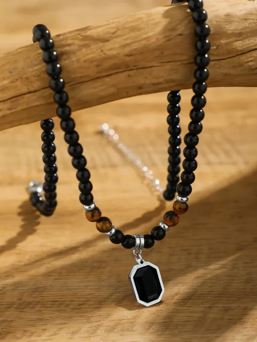 SHEIN 1pc Tiger's Eye Beaded Pendant Necklace
