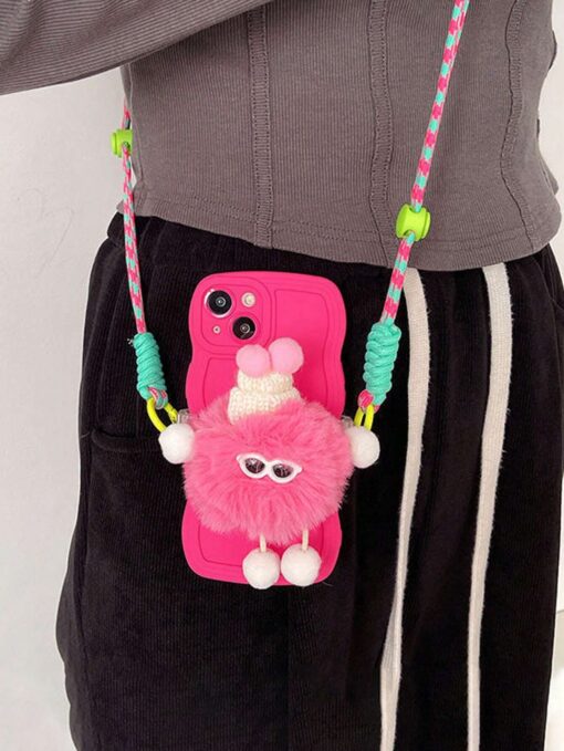 SHEIN Funny Furry Ball Mobile Phone Strap With Colorful Woven Braid