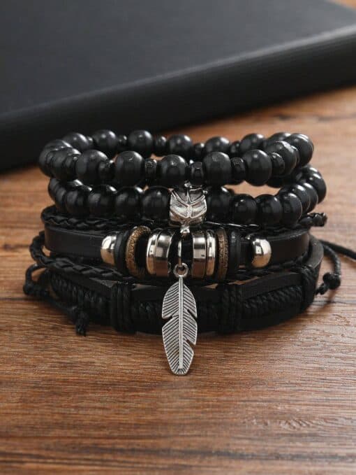 SHEIN 4 Men's Dark Leather Beaded Adjustable Bracelets