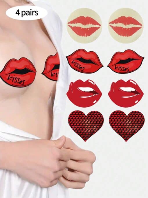 SHEIN 4 Pairs Disposable Women Nipple Cover Lips Shape No Trace Anti-Exposure Sexy Chest Stickers