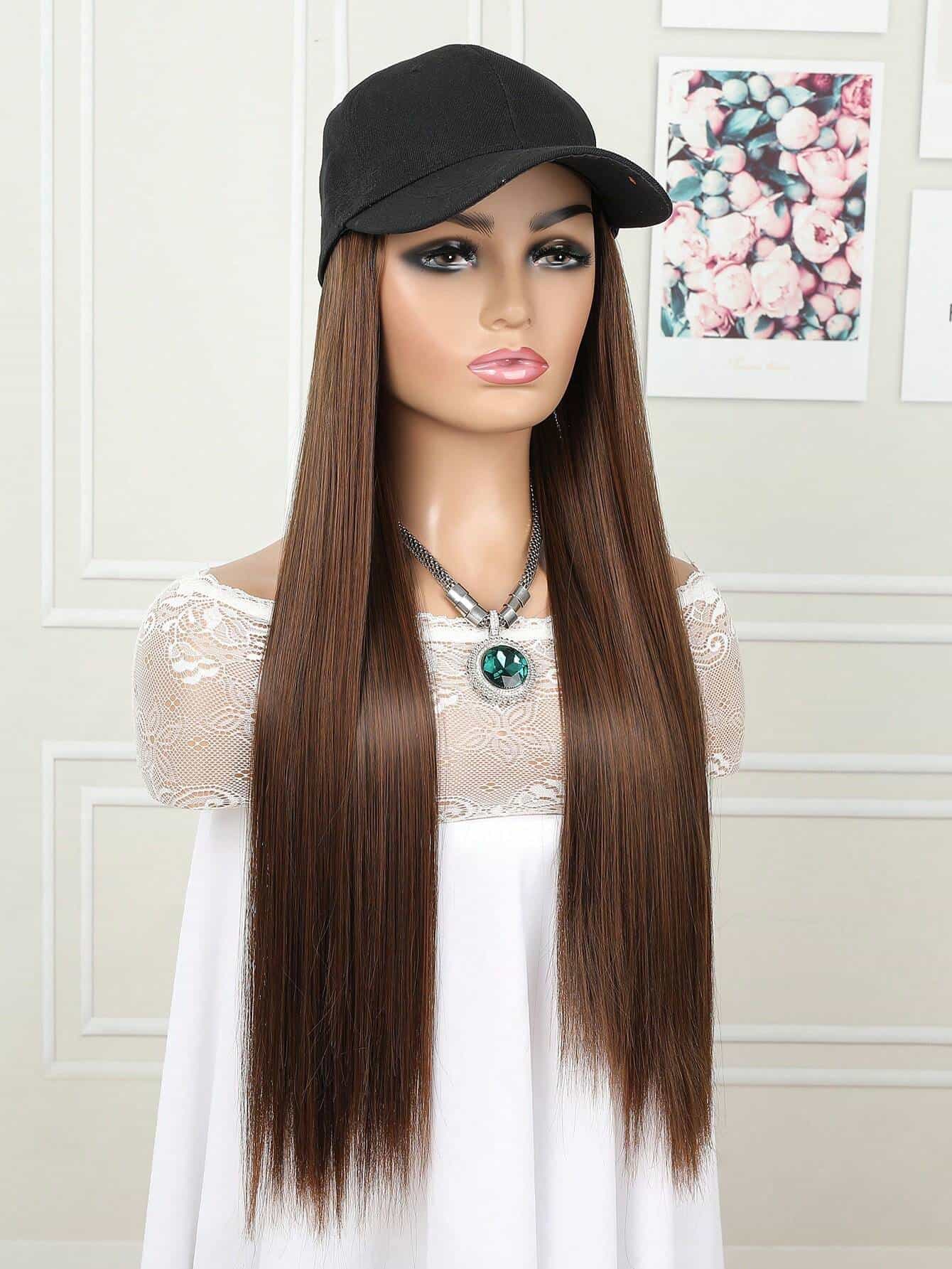 SHEIN Baseball Cap with Hair Extensions (Dark Brown)
