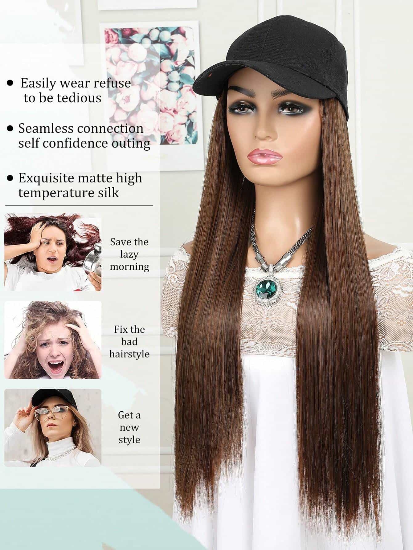 SHEIN Baseball Cap with Hair Extensions (Dark Brown) - الصورة 3