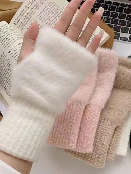 SHEIN 1 Pair 2024 New Mink Fur Fingerless Gloves For Women
