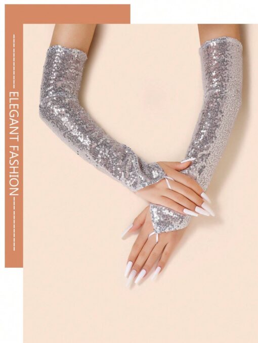 SHEIN 1 Pair Of Long Fingerless Sparkling Reflective Gloves