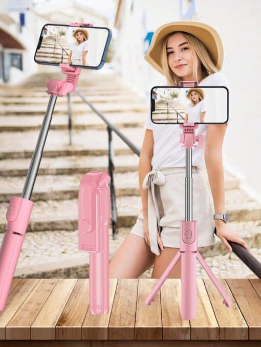 SHEIN 1pc Phone Anti-Shake Selfie Stick With Tripod (Pink)