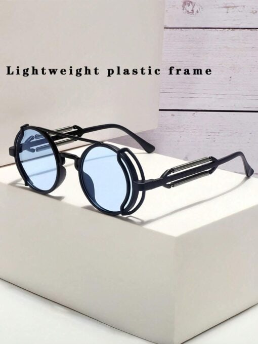 SHEIN 1pc Punk Style Round Frame Hollow Out Glasses(baby blue )