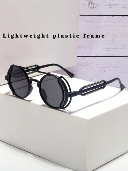 SHEIN 1pc Round Frame Punk Style Hollowed-Out Glasses(Black)
