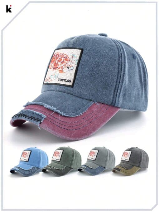 SHEIN 1pc Unisex Vintage Turtle Embroidered Contrast Design Adjustable Baseball Cap (blue & red)