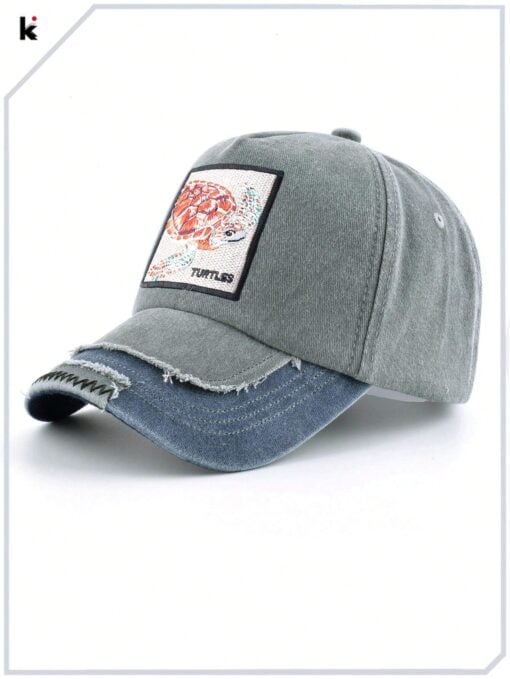 SHEIN 1pc Unisex Vintage Turtle Embroidered Contrast Design Adjustable Baseball Cap (grey & blue)