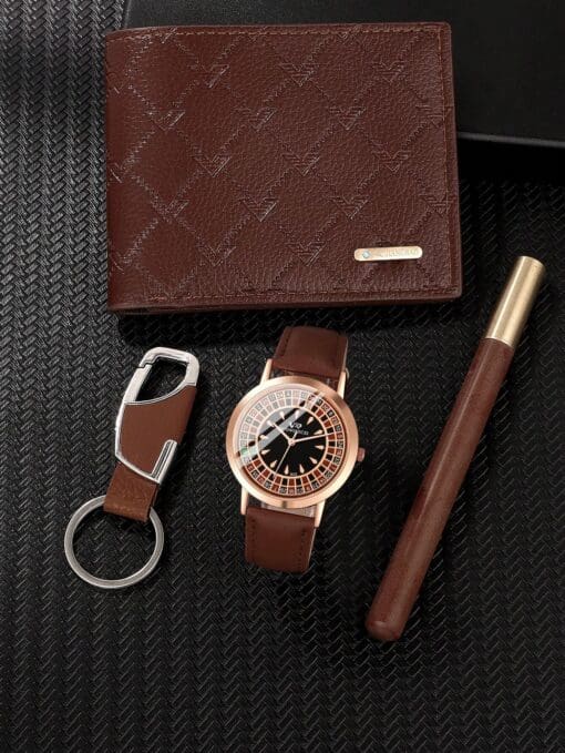 SHEIN 4PCS New Trend Coffee Brown Leather Quartz Watch