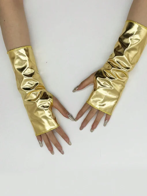 SHEIN A Pair Of Women's Short Patent Leather Fingerless Gloves (Gold)
