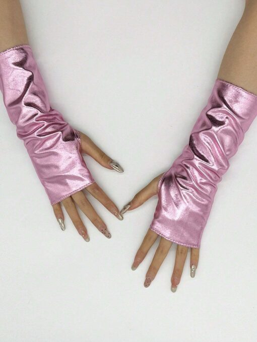 SHEIN A Pair Of Women's Short Patent Leather Fingerless Gloves(pink)