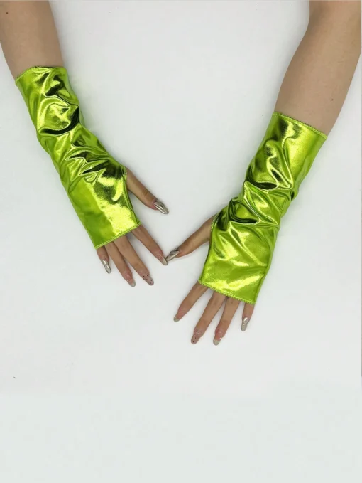 SHEIN A Pair Of Women's Short Patent Leather Fingerless Gloves (Green)