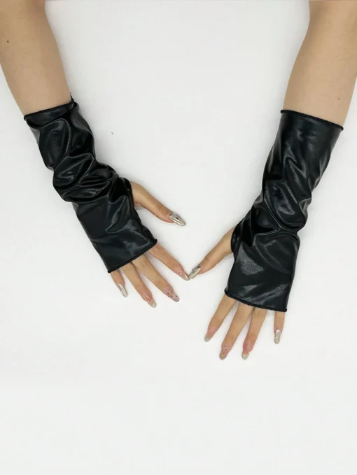 SHEIN A Pair Of Women's Short Patent Leather Fingerless Gloves (Black)